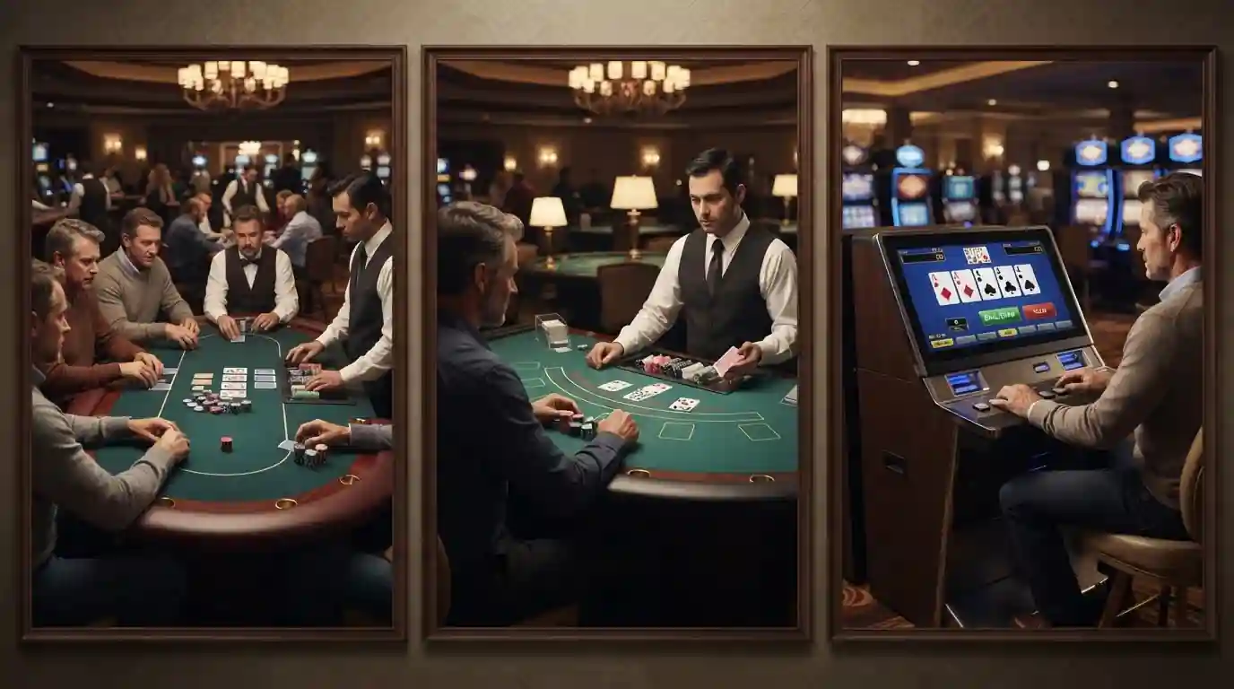 Pokerkarten, Casino-Tisch und neutraler Video-Poker-Bildschirm als drei getrennte Szenen