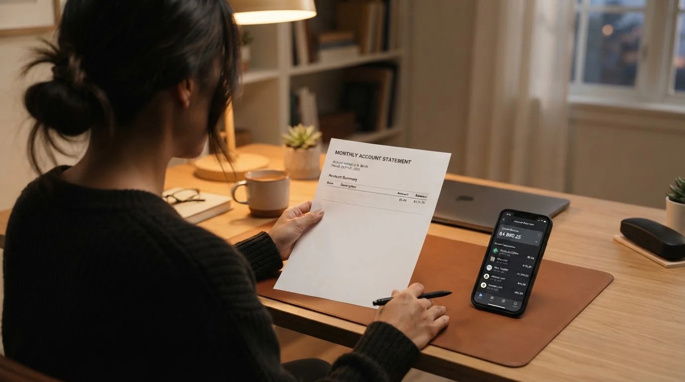 Schreibtisch mit gedrucktem Kontoauszug und Smartphone mit neutraler Banking-App