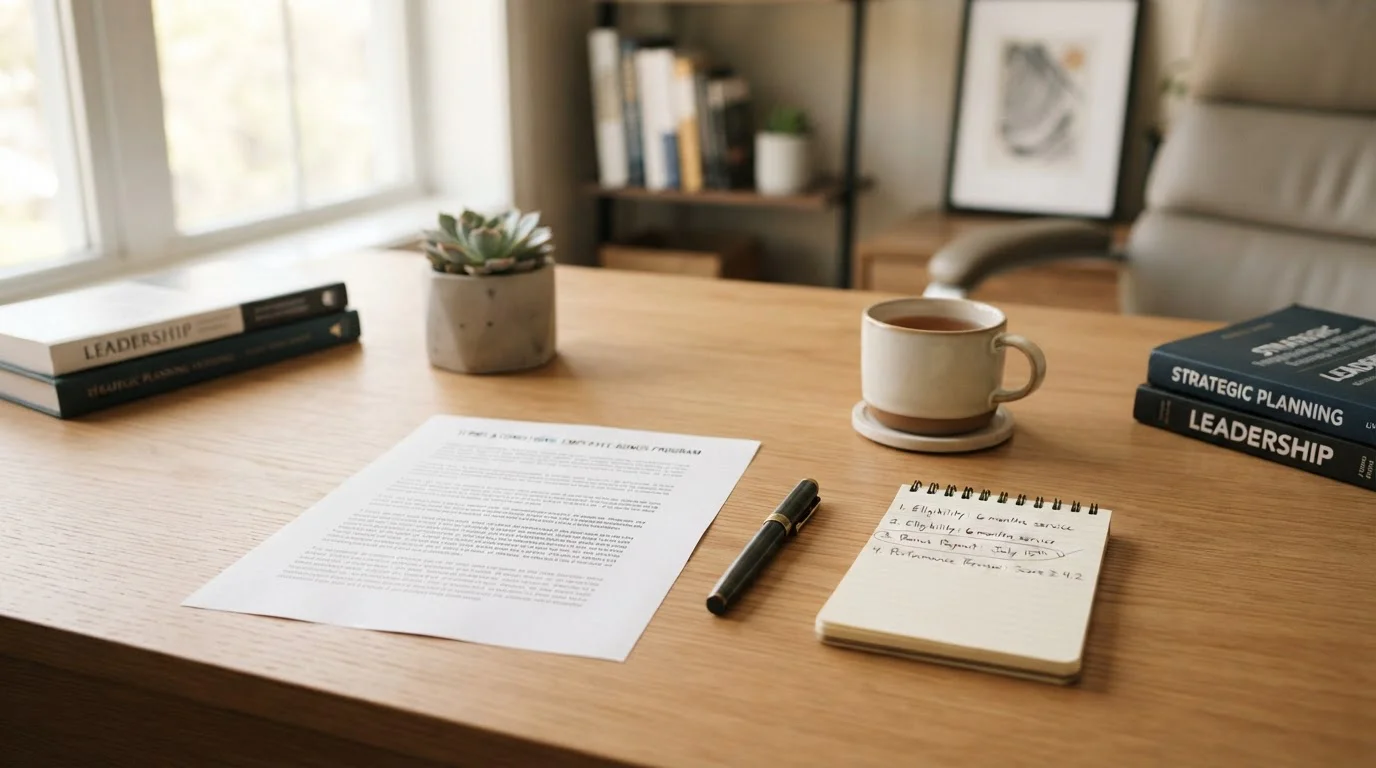 Schreibtisch mit gedruckten Bonusbedingungen und Stift – ruhige Bürobeleuchtung