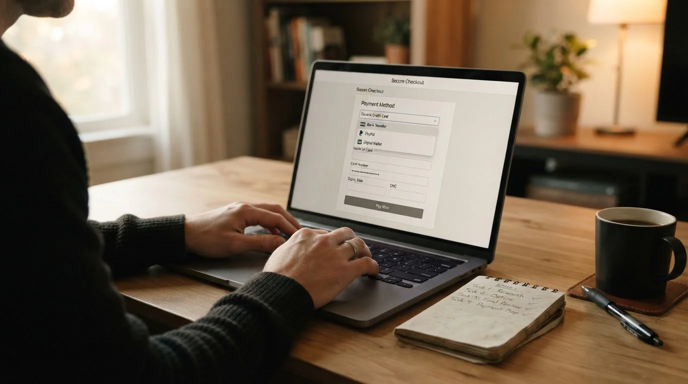 Person am Laptop prüft Kassenbereich eines Online-Casinos mit PostFinance Pay