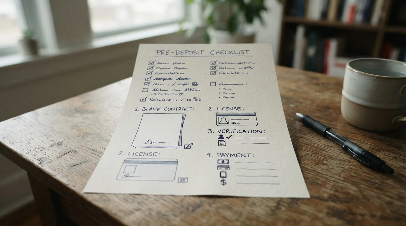 Handschriftliche Prüfliste mit Vertrag, Lizenz, KYC und Zahlungsweg