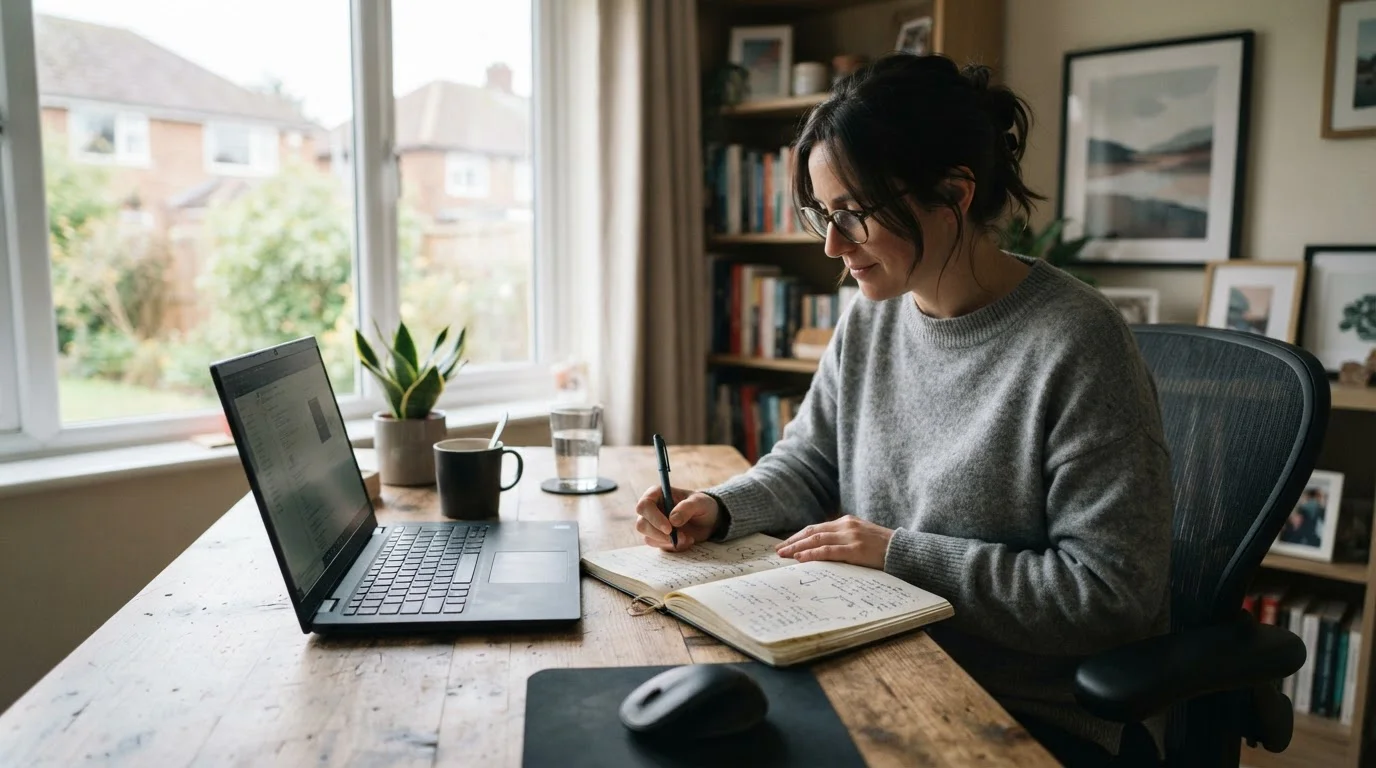 Person mit Notizbuch und ruhiger Spielverhaltensprüfung am Laptop