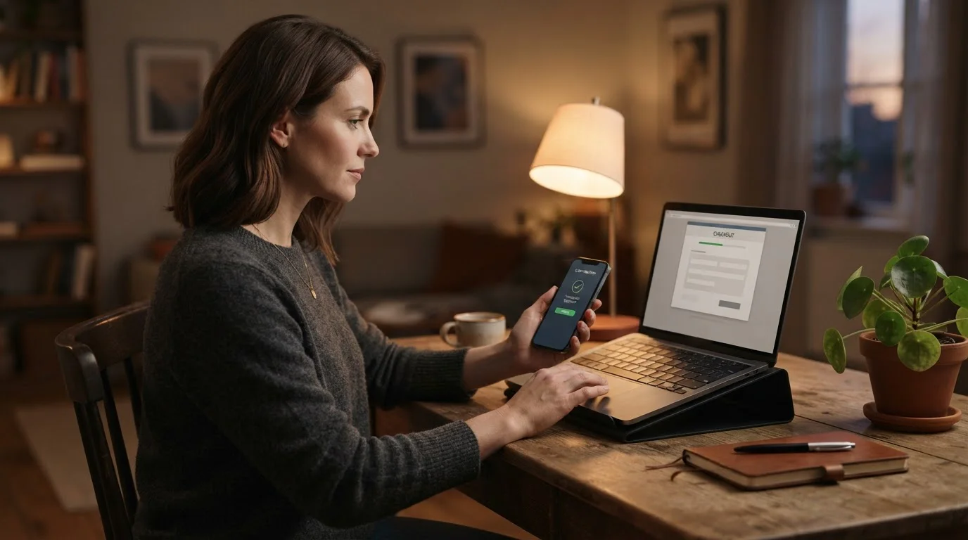Person am Laptop bestätigt eine Kartenzahlung über eine Mitteilung auf dem Telefon