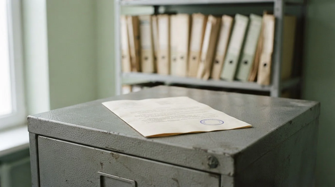 Amtliches Dokument mit Stempel auf einem Aktenschrank in einem ruhigen Büro