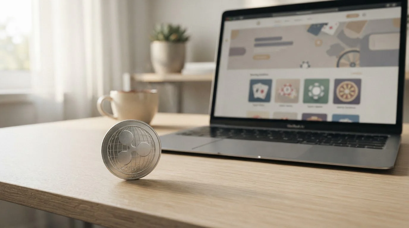 XRP-Coin vor Laptop mit neutralem Casino-Interface auf dem Bildschirm