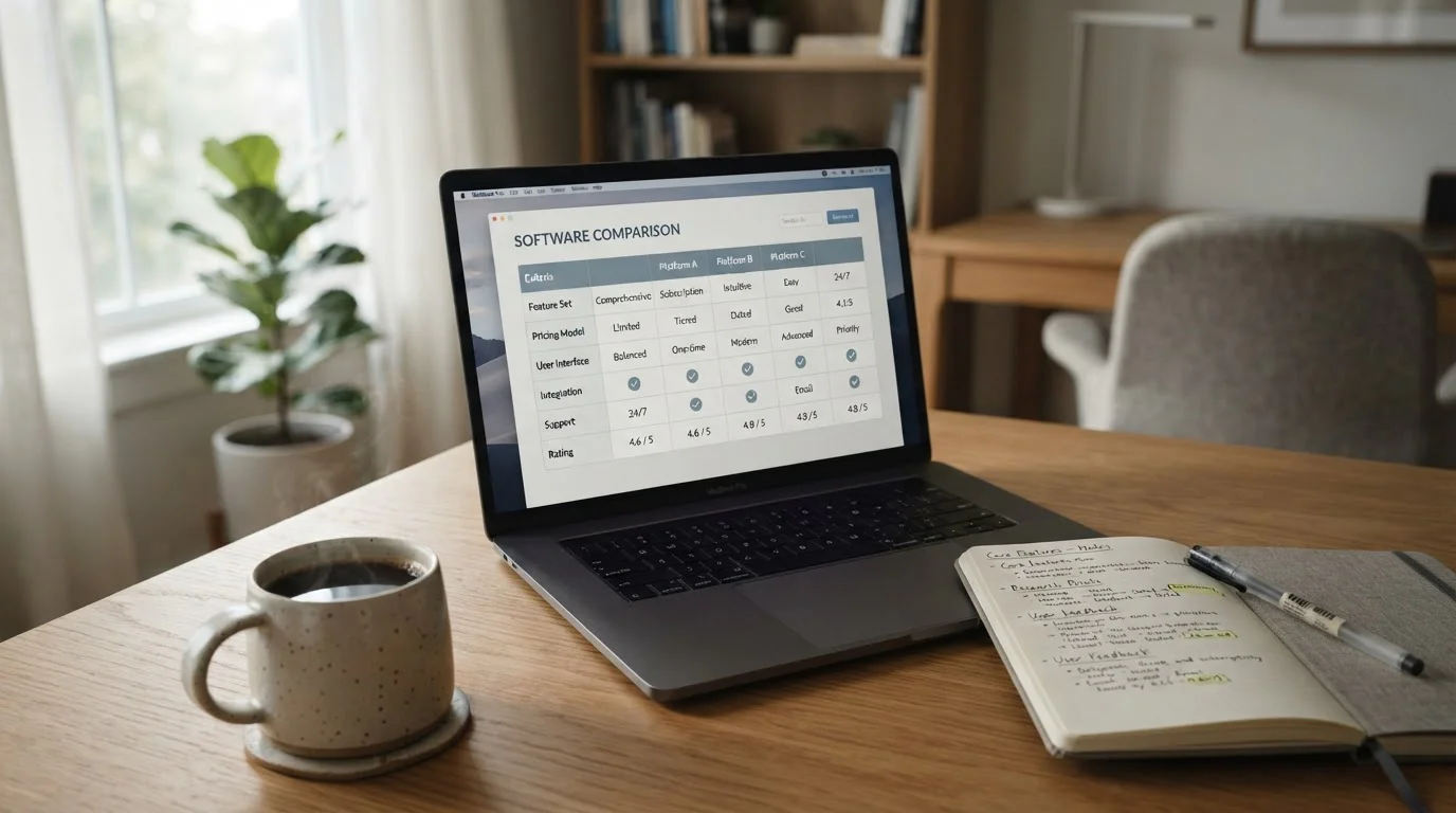 Schreibtisch mit Laptop und Notizen zum Vergleich Schweizer Online-Casinos