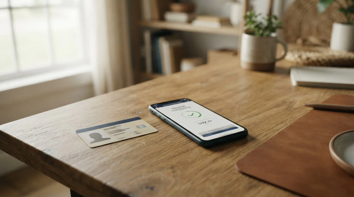 Smartphone mit Zahlungsbestätigung und einfachem Ausweisdokument auf einem Schreibtisch