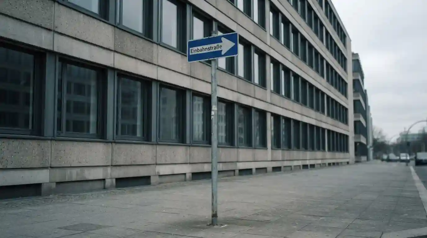 Einbahnstraßenschild vor einer nüchternen Bürofassade