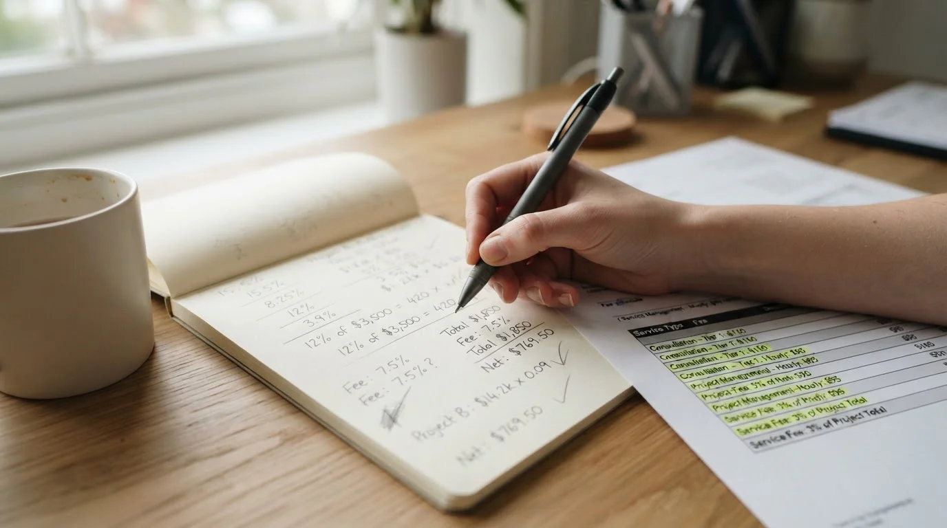 Notizblock mit handschriftlich notierten Prozentsätzen neben einem aufgeschlagenen Gebührenverzeichnis
