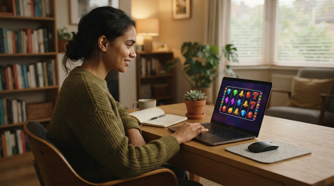 Person testet ein Slot-Demospiel auf einem Laptop ohne erkennbare Marken