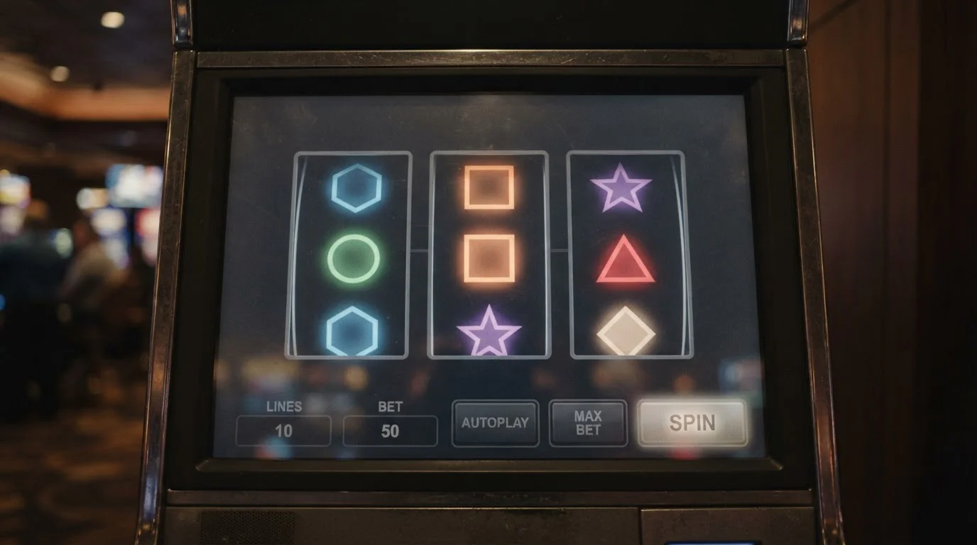 Generische Walzen eines Spielautomaten ohne Markenzeichen auf einem ruhigen Bildschirm