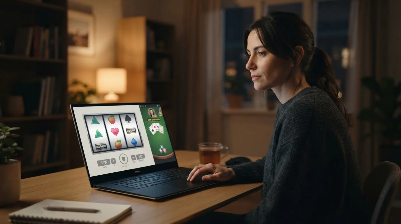 Abstrakte Slotrollen und Live-Casino-Tisch in einer neutralen Spielumgebung