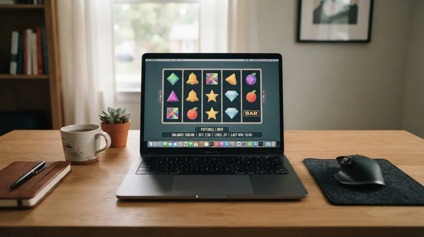 Neutrale Spielautomatenoberfläche ohne Markenlogo auf einem Laptop