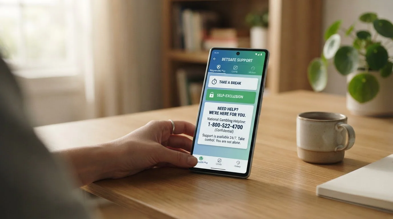 Smartphone mit aktivierter Selbstsperre-Funktion und Beratungshotline-Nummer auf dem Bildschirm