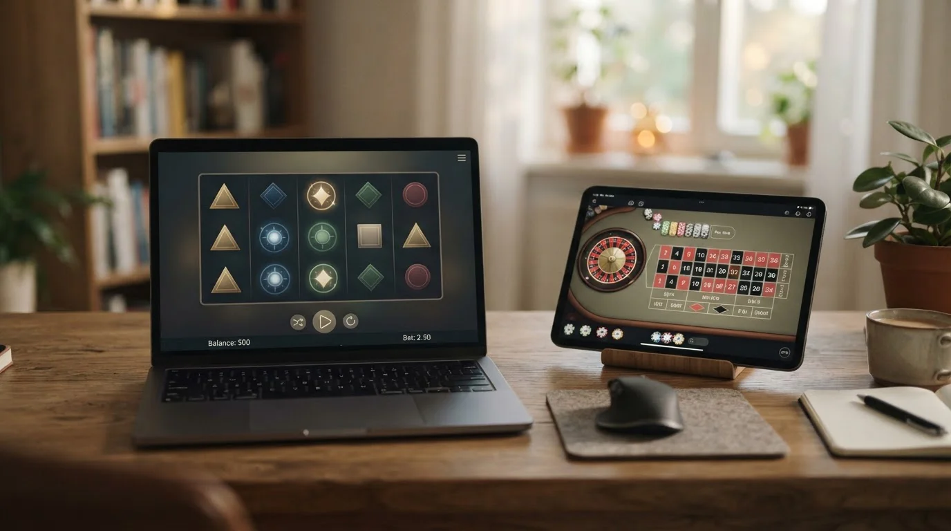 Laptop und Tablet mit Spielautomaten und Live-Tisch im Solana Casino