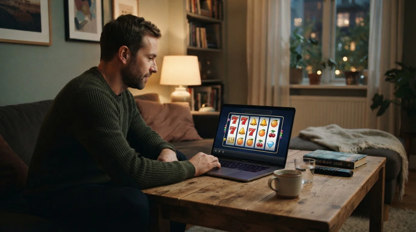 Neutrale Spielautomatenwalzen auf einem Laptop im Wohnzimmer