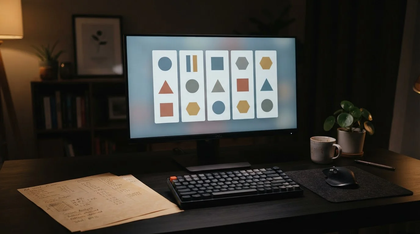 Bildschirm mit fünf neutralen Walzen und einfachen Symbolen, daneben ein Blatt mit Notizen zur Spielgewichtung