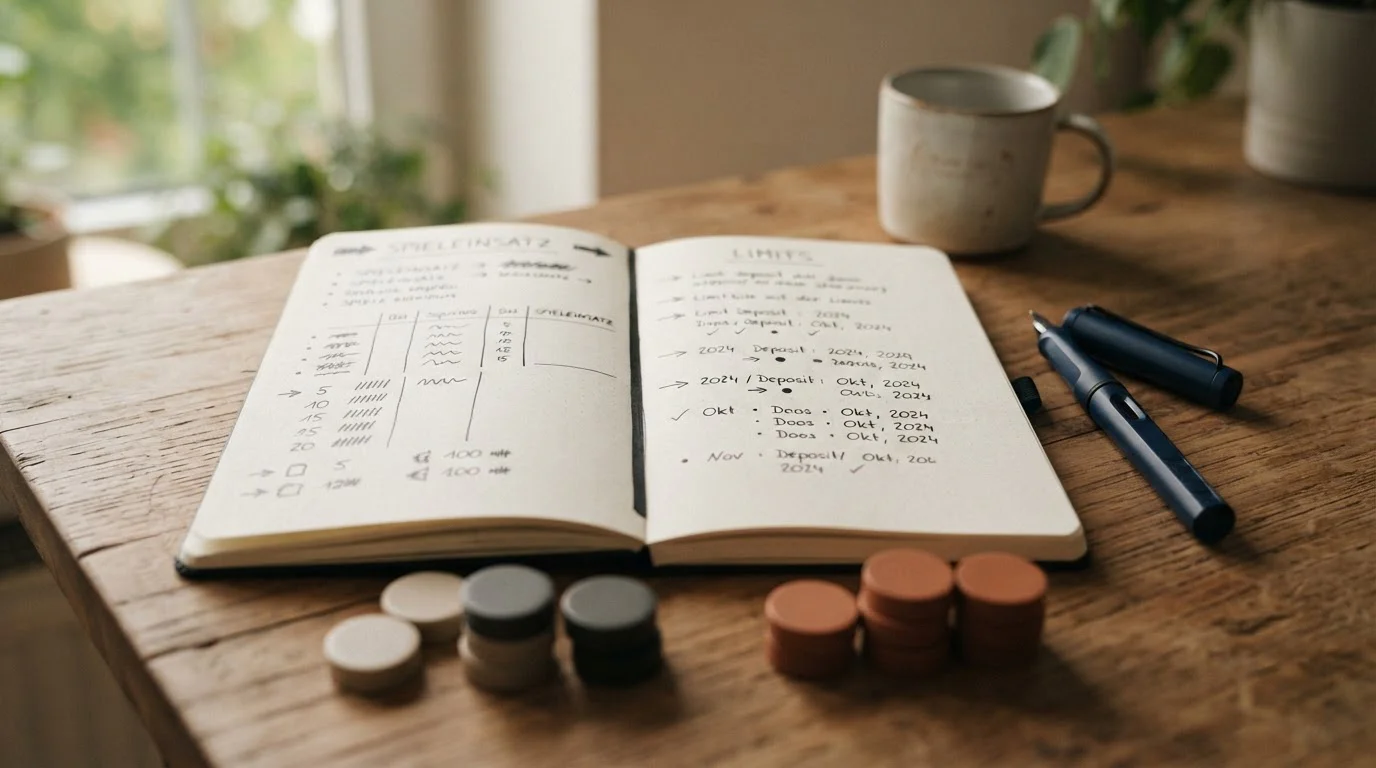 Notizbuch mit getrennten Feldern für Spieleinsatz und Einzahlungslimit auf einem Holztisch