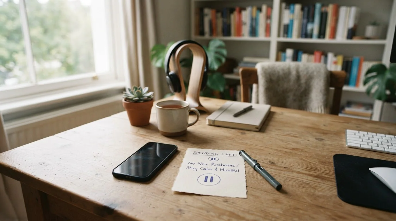 Smartphone neben handschriftlicher Notiz mit Ausgabengrenze und Pausensymbol