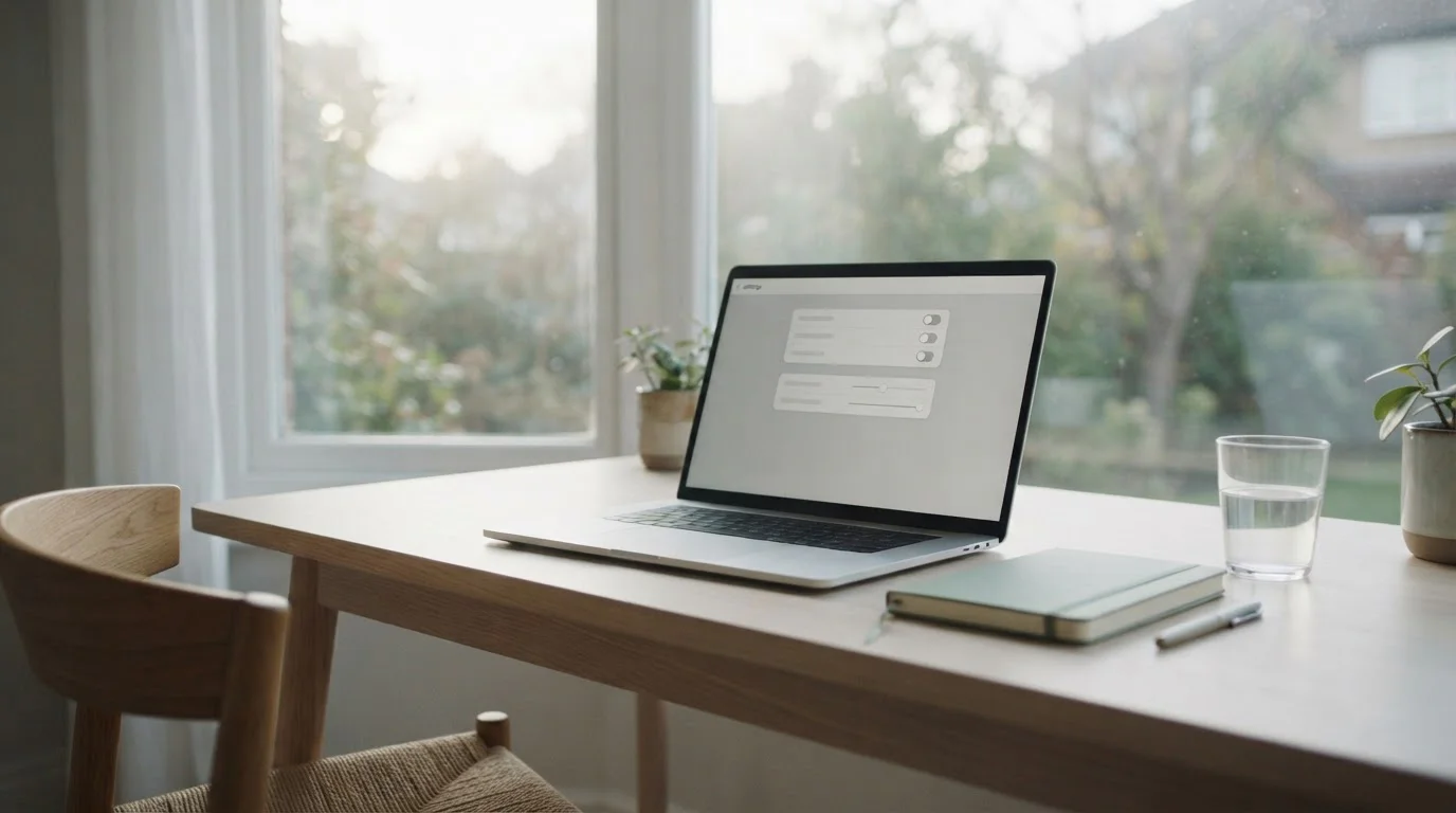 Ruhiger Arbeitsplatz mit einem Laptop, auf dem eine neutrale Einstellungsseite für Limits geöffnet ist