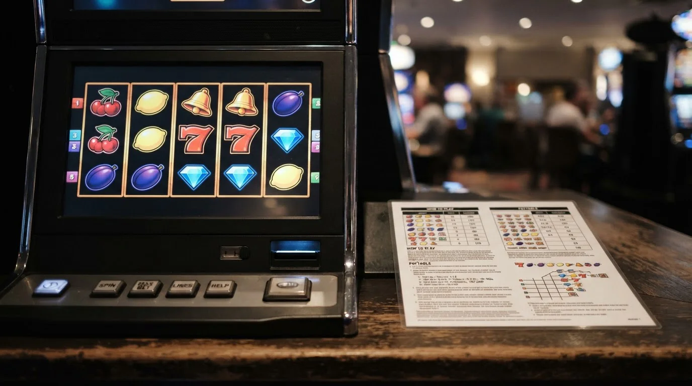 Neutrale Spielautomatensymbole auf einem Bildschirm mit danebenliegendem Regelblatt