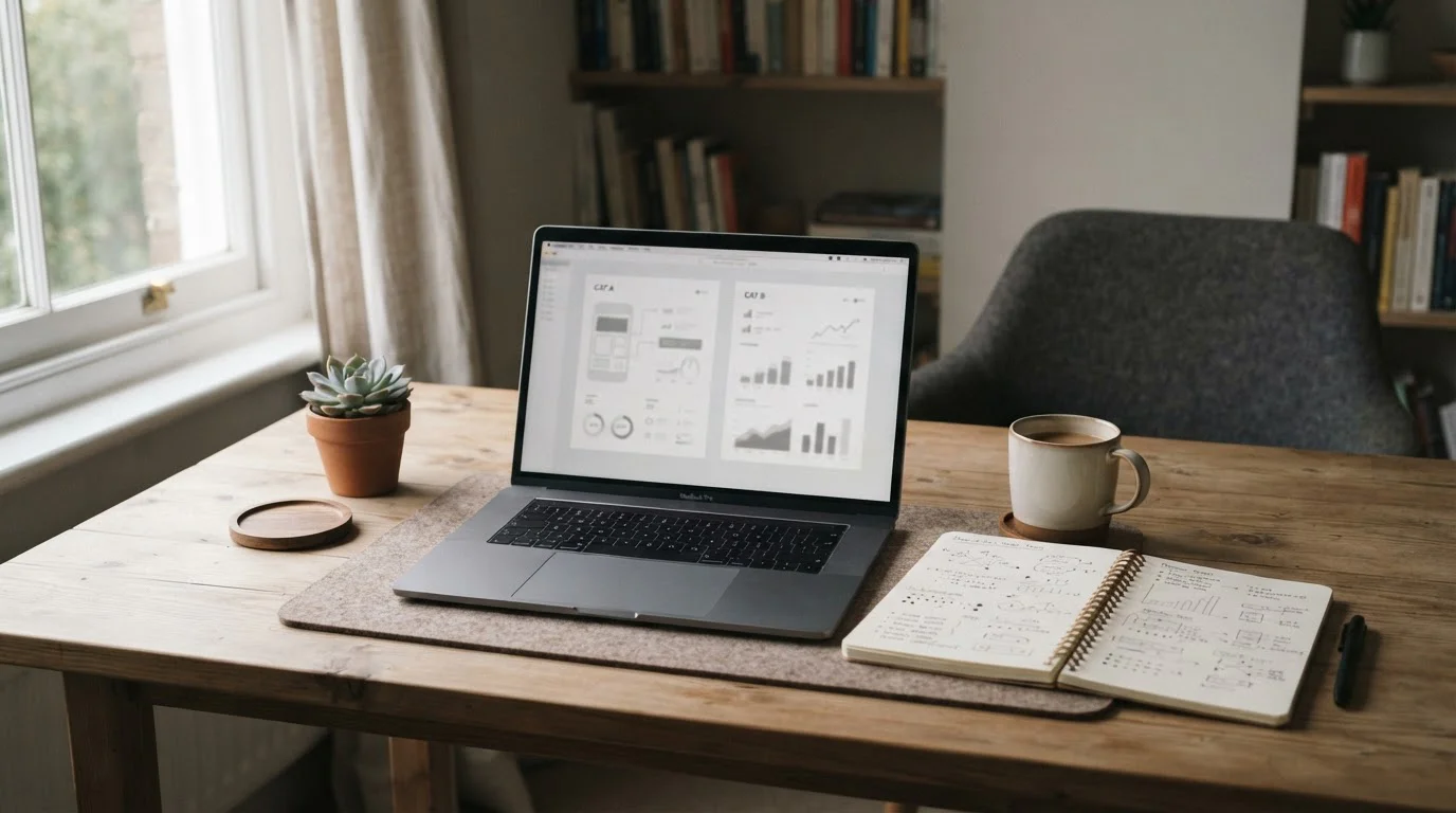Ruhiger Arbeitsplatz mit Laptop und Notizbuch zum Vergleich von Spielangeboten