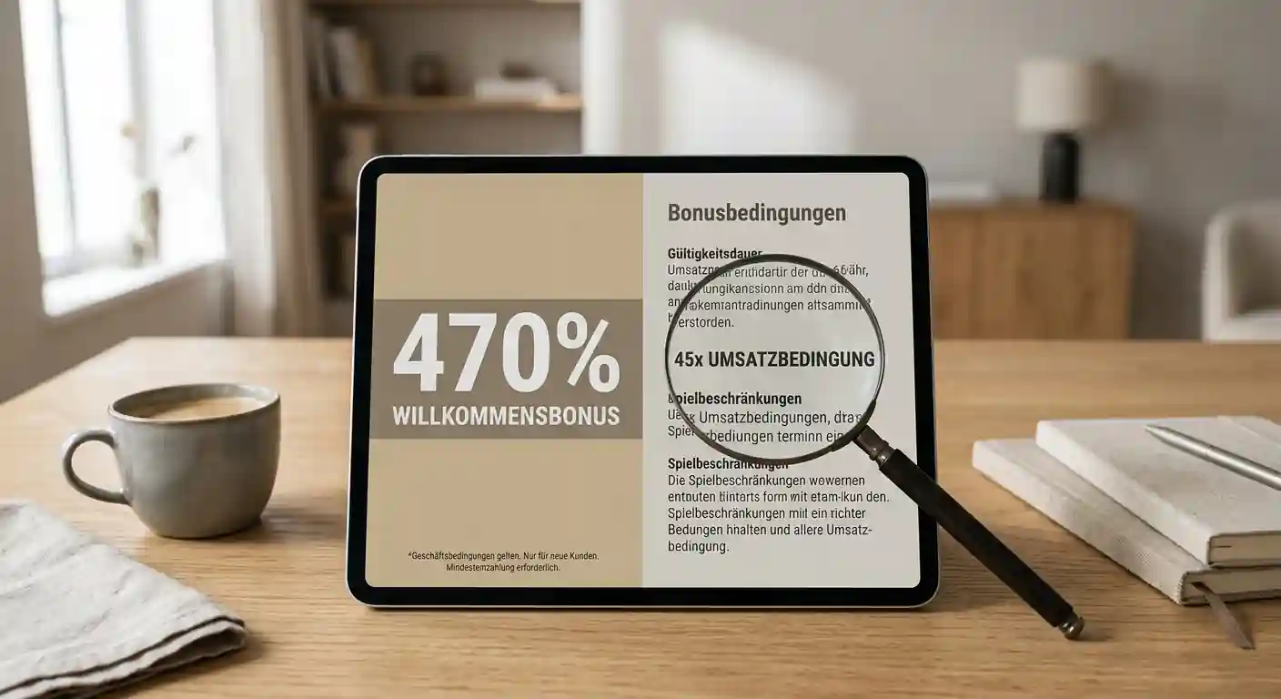 Geteilter Bildschirm: links ein Willkommensbonus-Banner mit großer "470%" Zahl und kleiner Fußnote, rechts eine Lupe über den Bonusbedingungen mit hervorgehobener "45x Umsatzbedingung" Zeile