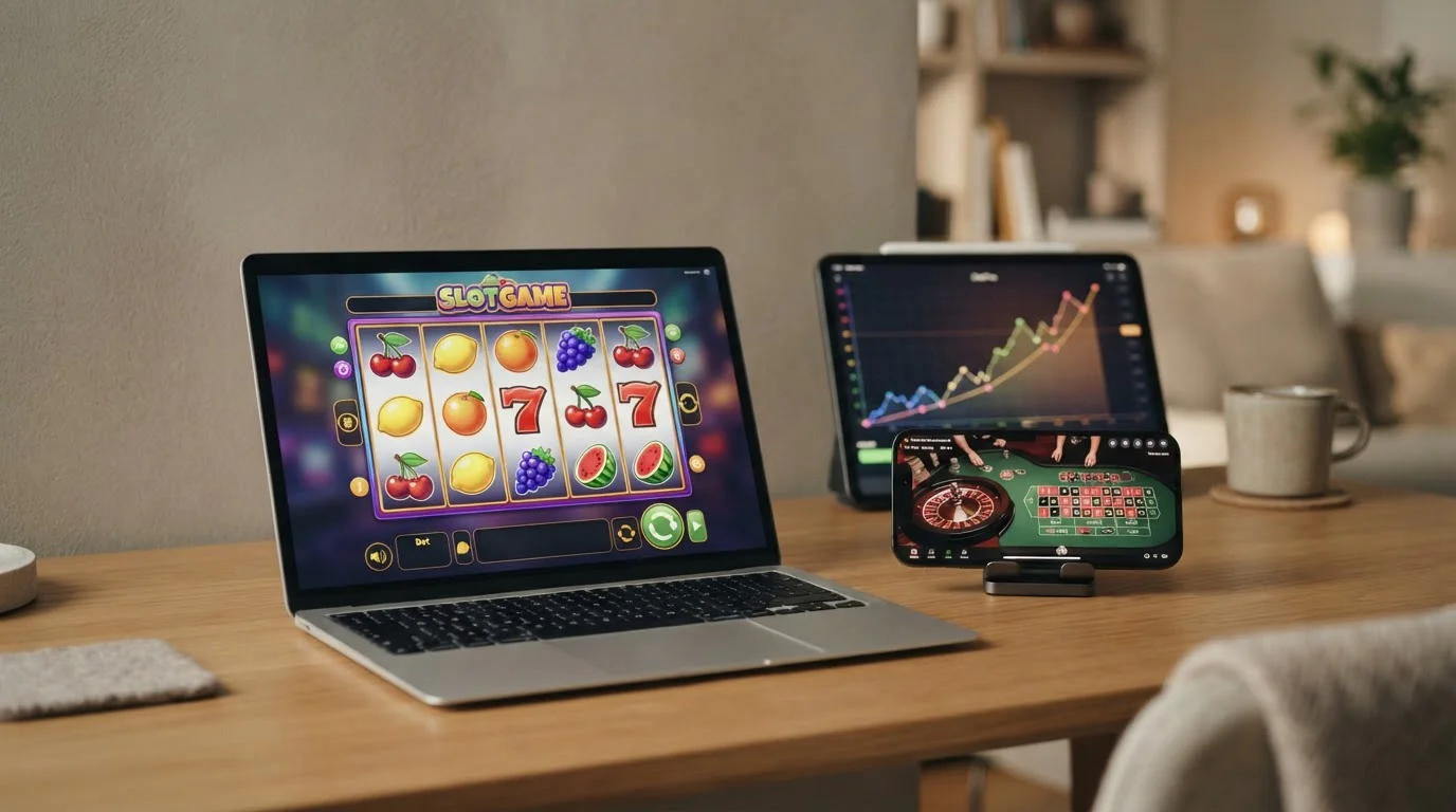 Laptop-Screen zeigt einen bunten Spielautomaten mit Frucht-Symbolen in Drehung, daneben ein Smartphone mit einem Live-Roulette-Stream, im Hintergrund verschwommen ein Tablet mit einem Crash-Game Chart
