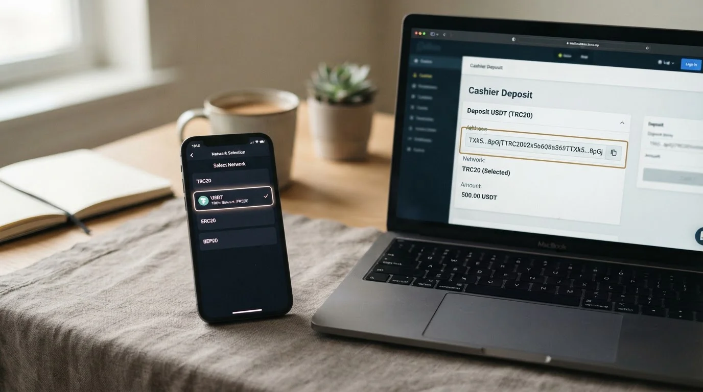 Nahaufnahme eines Smartphone-Bildschirms, der die TRC20-Netzwerkauswahl in einer Krypto-Wallet-App zeigt, daneben ein aufgeklappter Laptop mit geöffnetem Casino-Cashier-Fenster und markierter USDT-Einzahlungsadresse