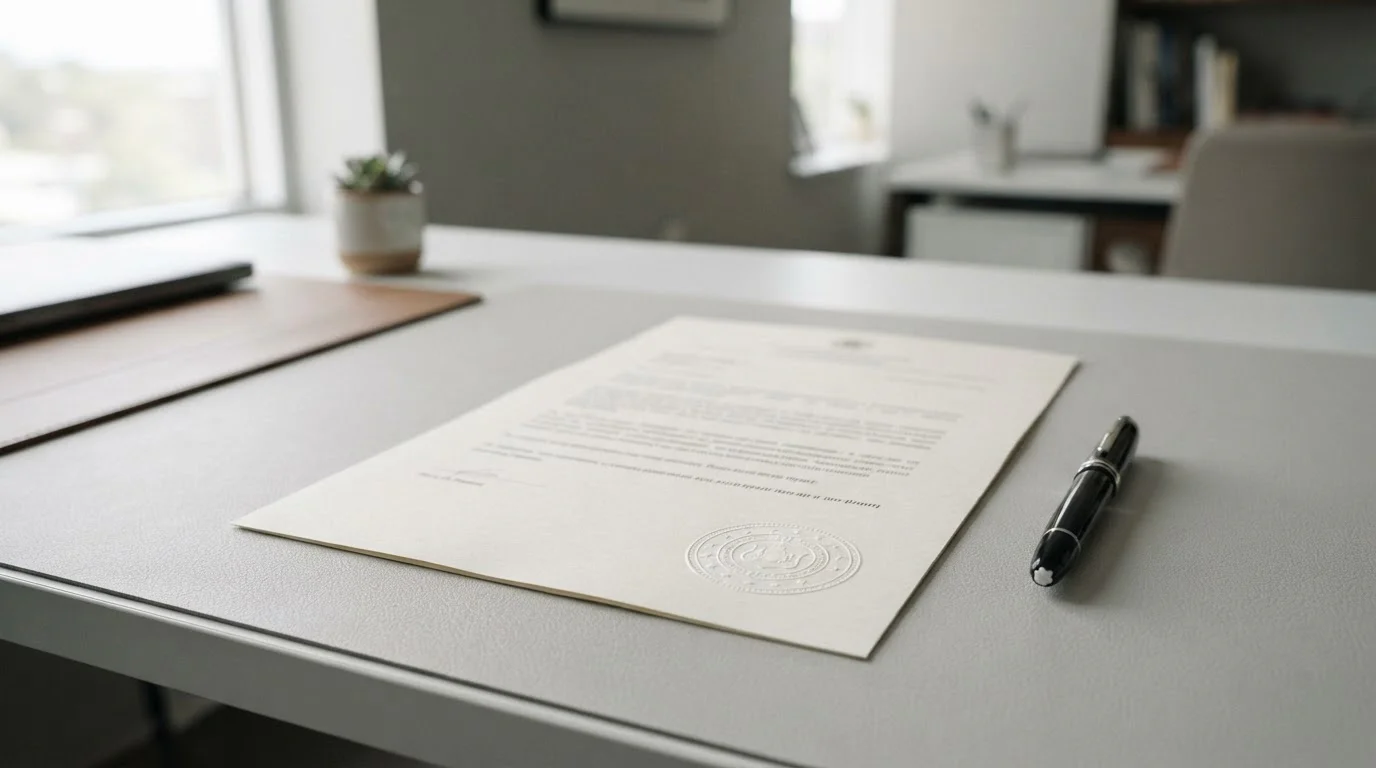 Offizielles Dokument mit Behördenstempel auf einem aufgeräumten Schreibtisch, Stift daneben