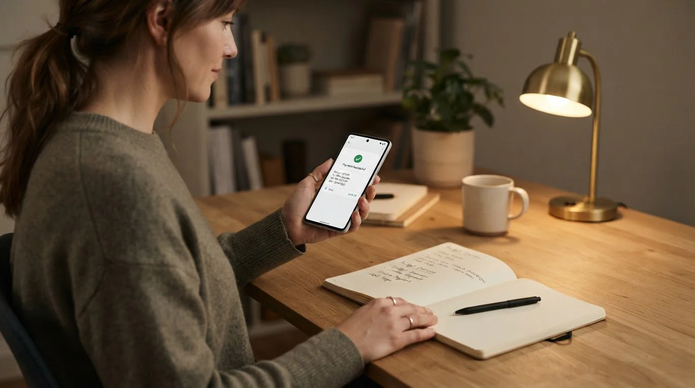 Person prüft auf ihrem Smartphone eine Auszahlungsbestätigung neben einem Notizbuch auf dem Schreibtisch
