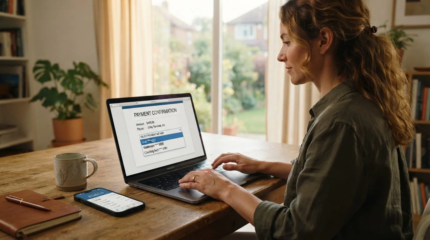 Person am Laptop wählt Zahlungsmethode im neutralen Banking-Interface