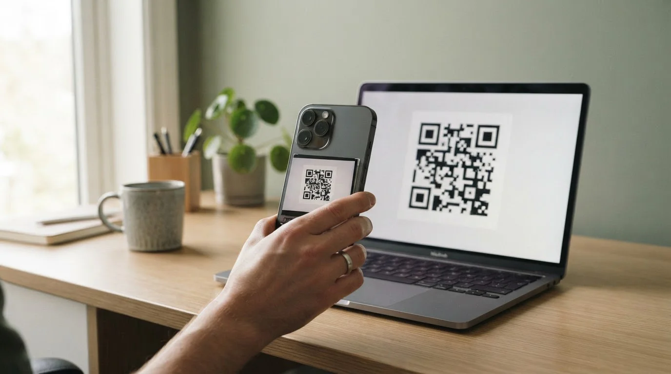Hand hält ein Smartphone und scannt einen QR-Code am Laptop-Bildschirm