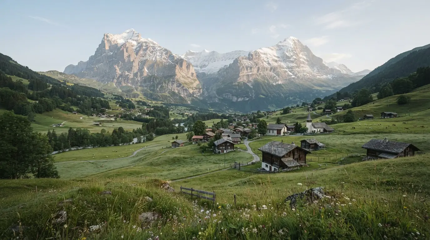 Schweizer Alpenlandschaft mit einer ruhigen Ortschaft im Tal