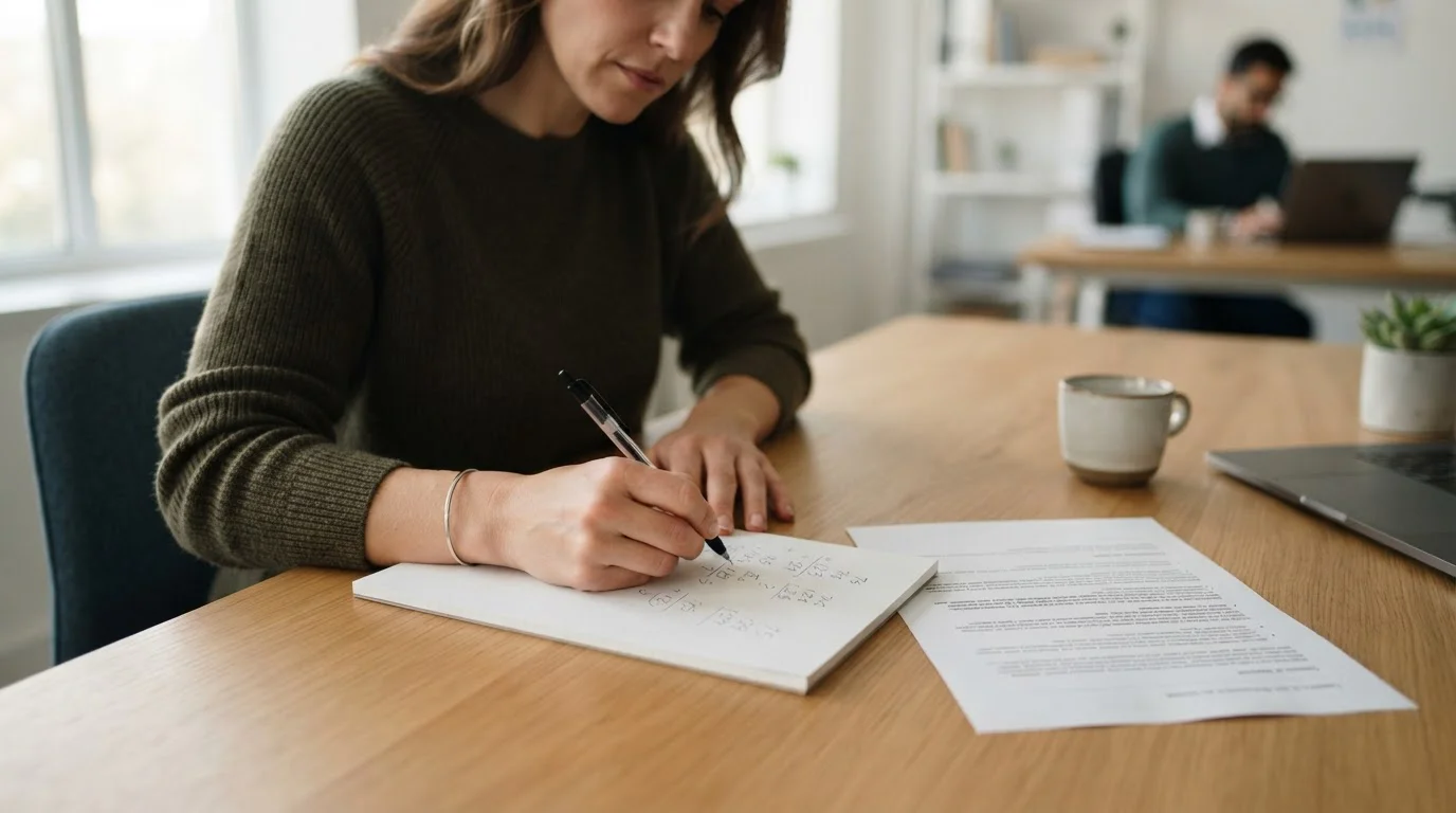 Person rechnet Umsatzbedingungen handschriftlich auf einem Notizblatt durch