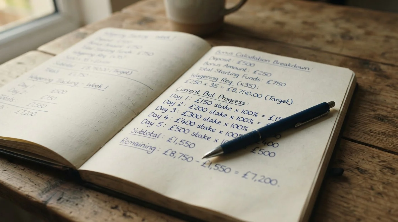 Notizbuch mit handschriftlichen Berechnungen zu Casino-Umsatz