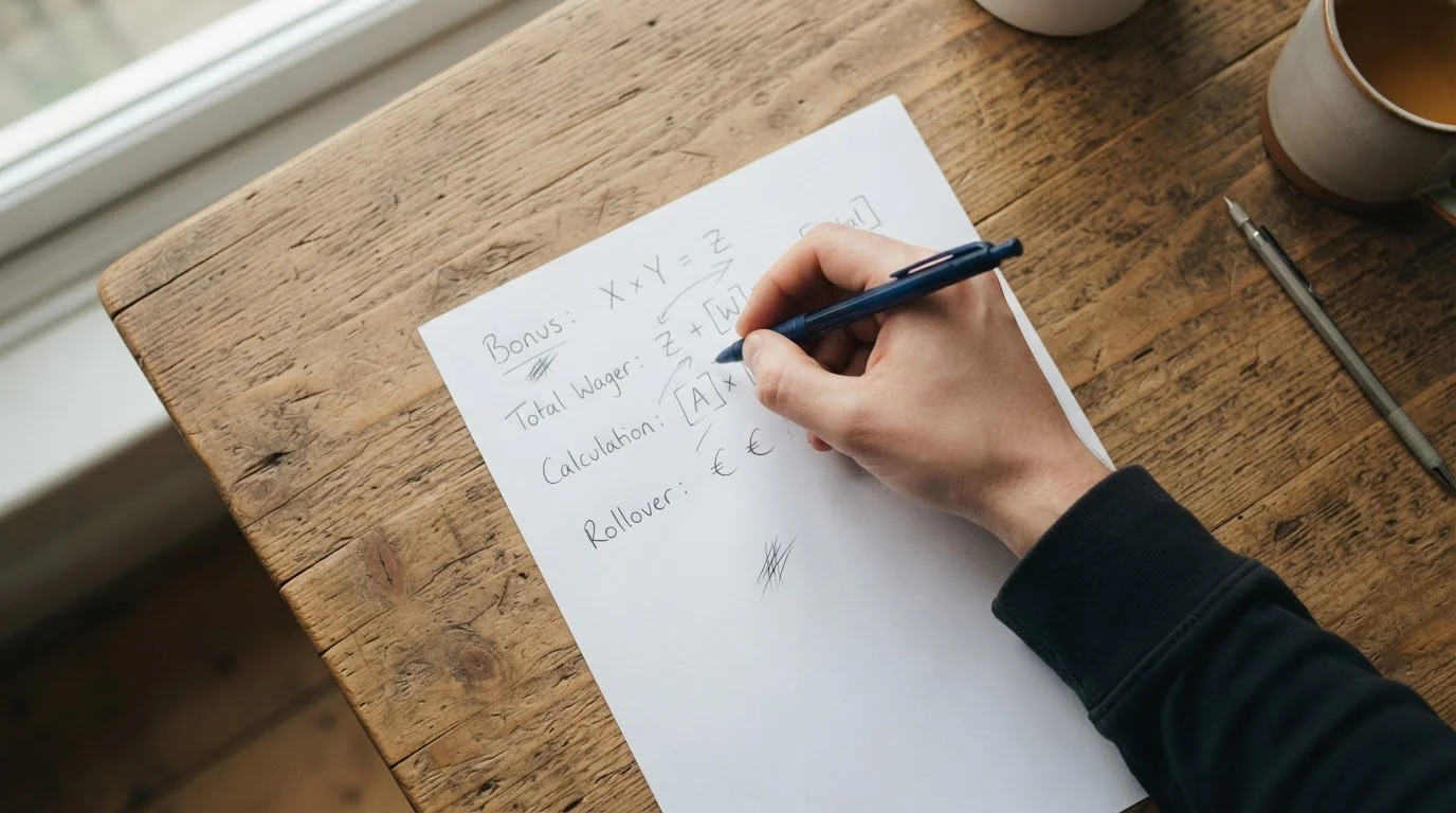Notizblock mit handschriftlicher Bonusrechnung und Taschenrechner auf Schreibtisch