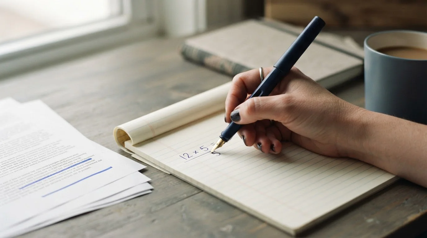 Person rechnet mit Stift auf Papier den Umsatz und den Auszahlungsdeckel eines Bonus nach
