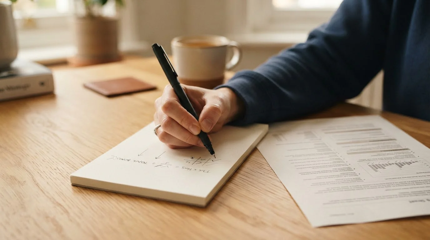 Handschriftliche Umsatzrechnung mit Bezugsbetrag und Frist auf einem Notizblatt