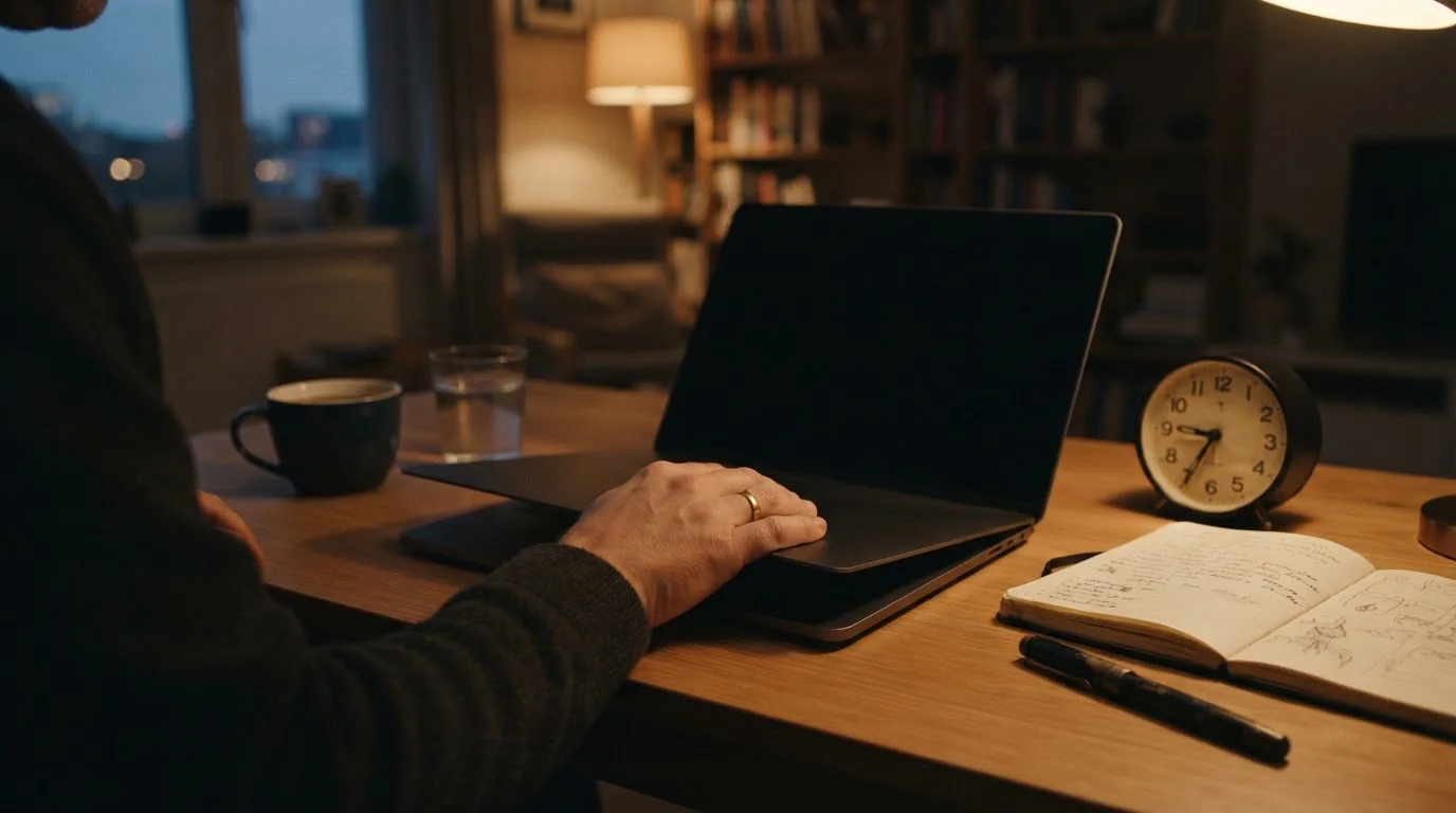 Abendlicher Schreibtisch mit einer Hand, die einen Laptop neben Uhr und Notizbuch schließt