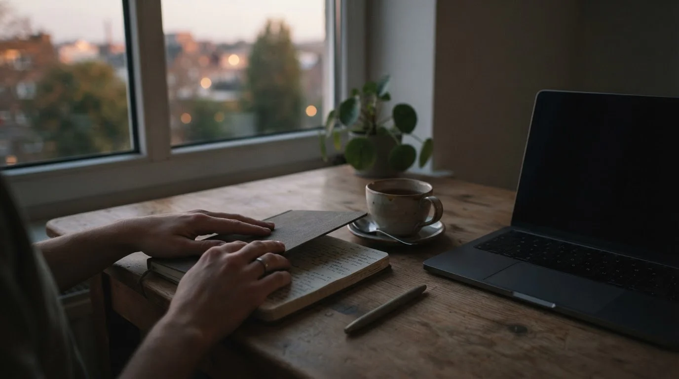 Geschlossenes Notizbuch neben abgeschaltetem Laptop als Sinnbild für verantwortungsvolles Spielen mit SOL
