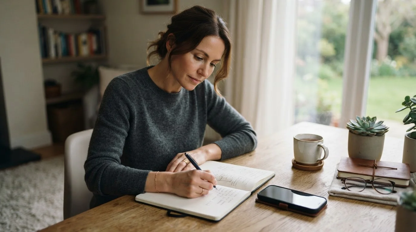 Ruhiger Arbeitsplatz mit Budgetnotiz und ausgeschaltetem Smartphone