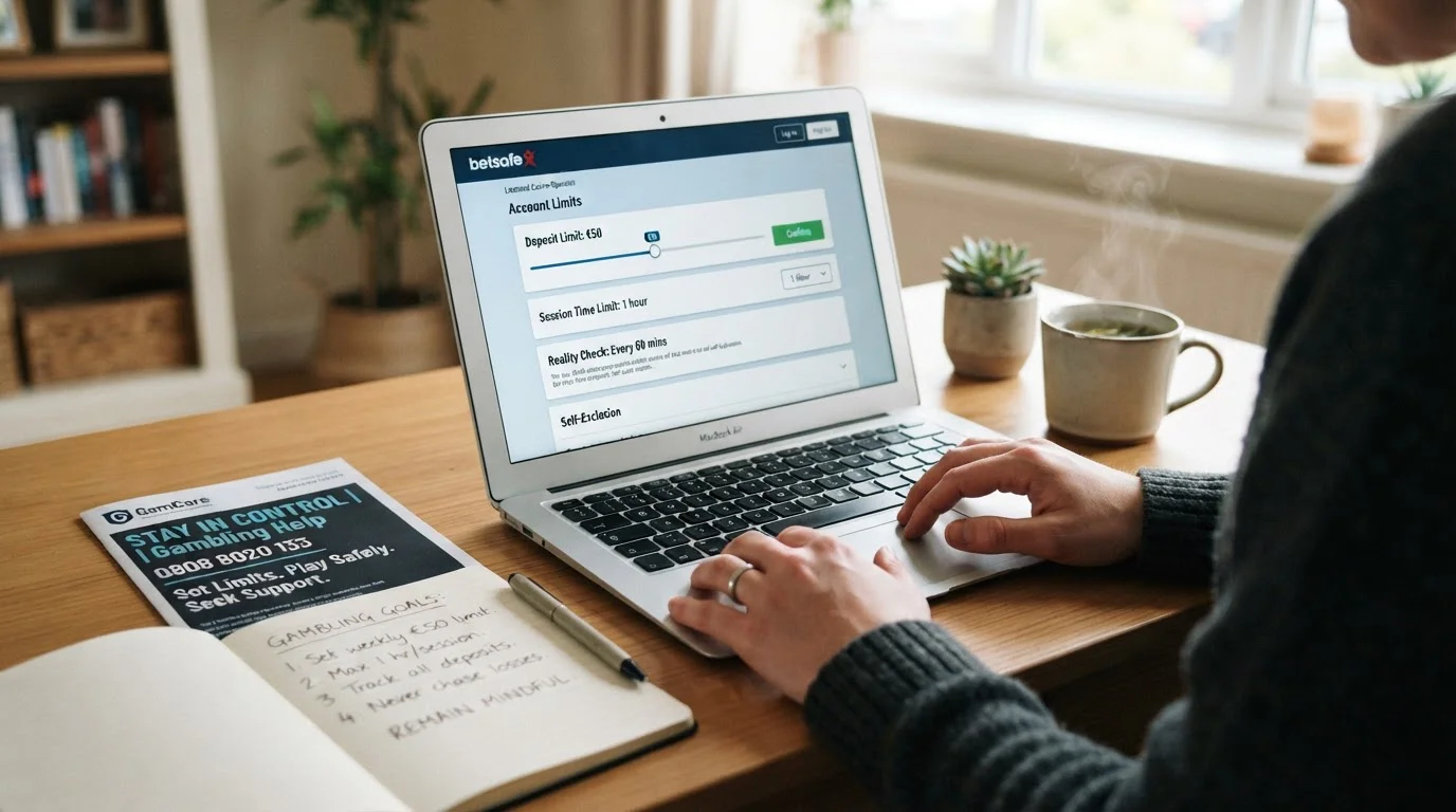 Person setzt Spiellimits am Laptop mit Notizblock und Beratungshinweisen