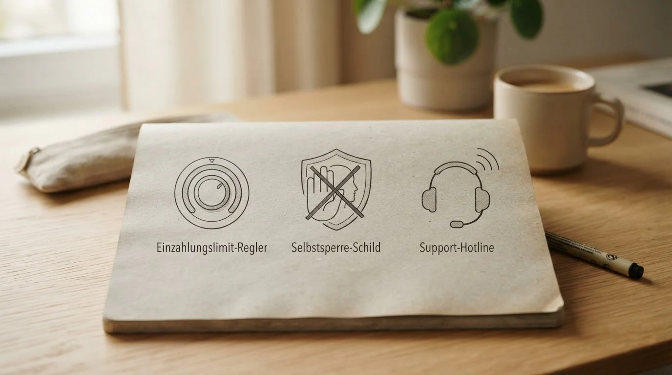 Neutrale Icons für Einzahlungslimit-Regler, Selbstsperre-Schild und Support-Hotline in ruhiger Anordnung auf einem Notizblatt