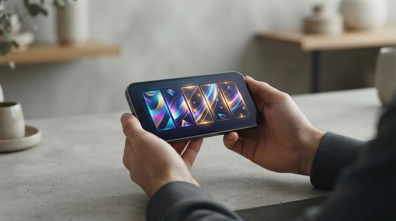 Neutrales Smartphone zeigt abstrakte Walzenanimation ohne bekannte Symbole