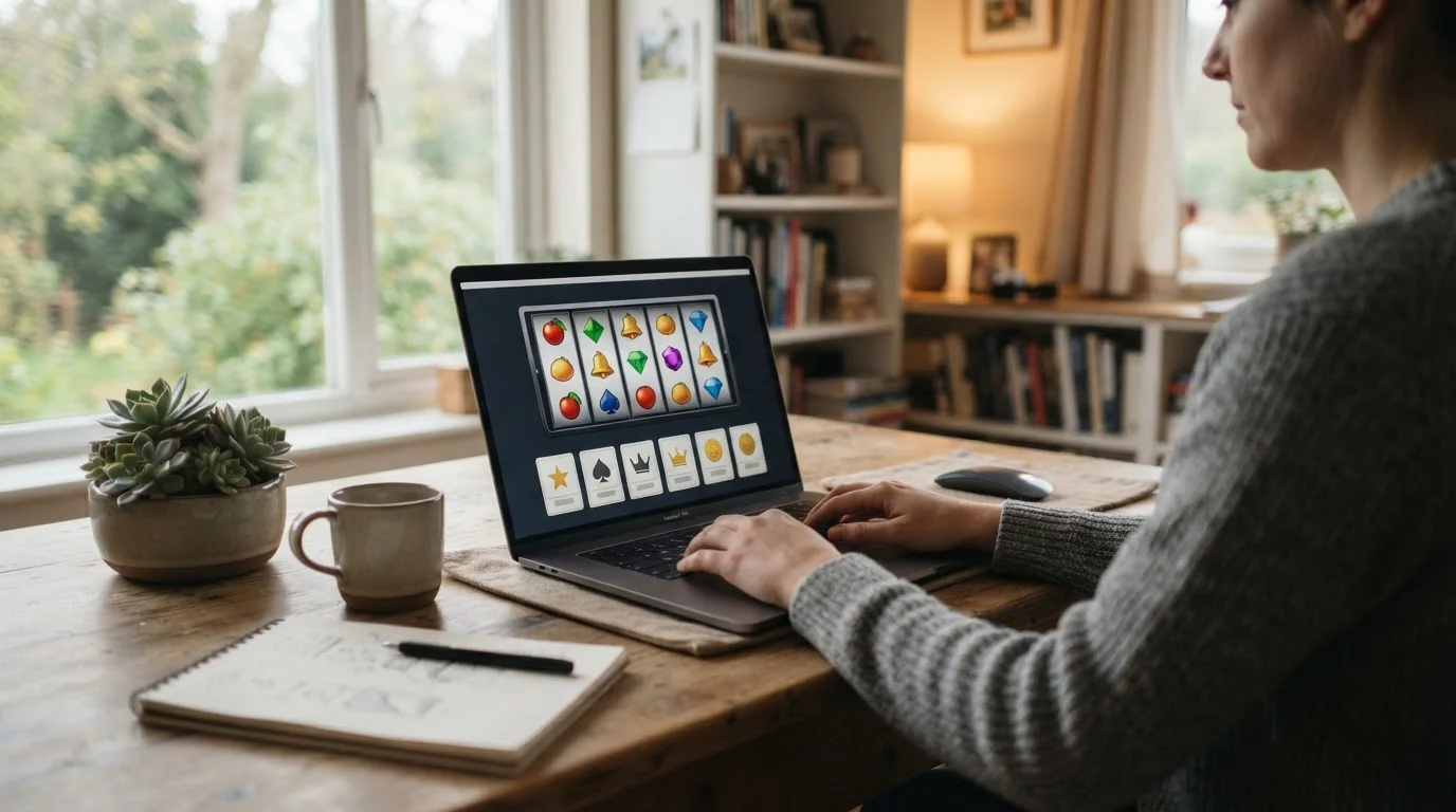 Laptop mit neutral dargestellten Walzen und getrennten Spielkategorien
