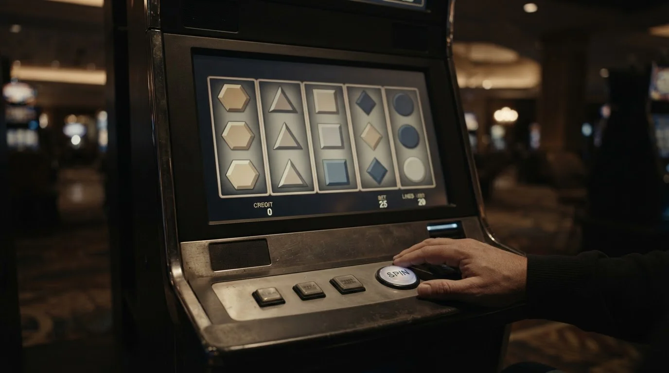 Bildschirm eines virtuellen Automatenspiels mit abstrakten Walzen ohne Markenzeichen