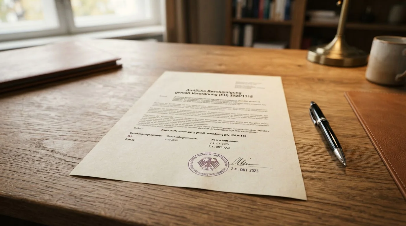 Offizielles Dokument mit Stempel und Regulierungstext auf Schreibtisch