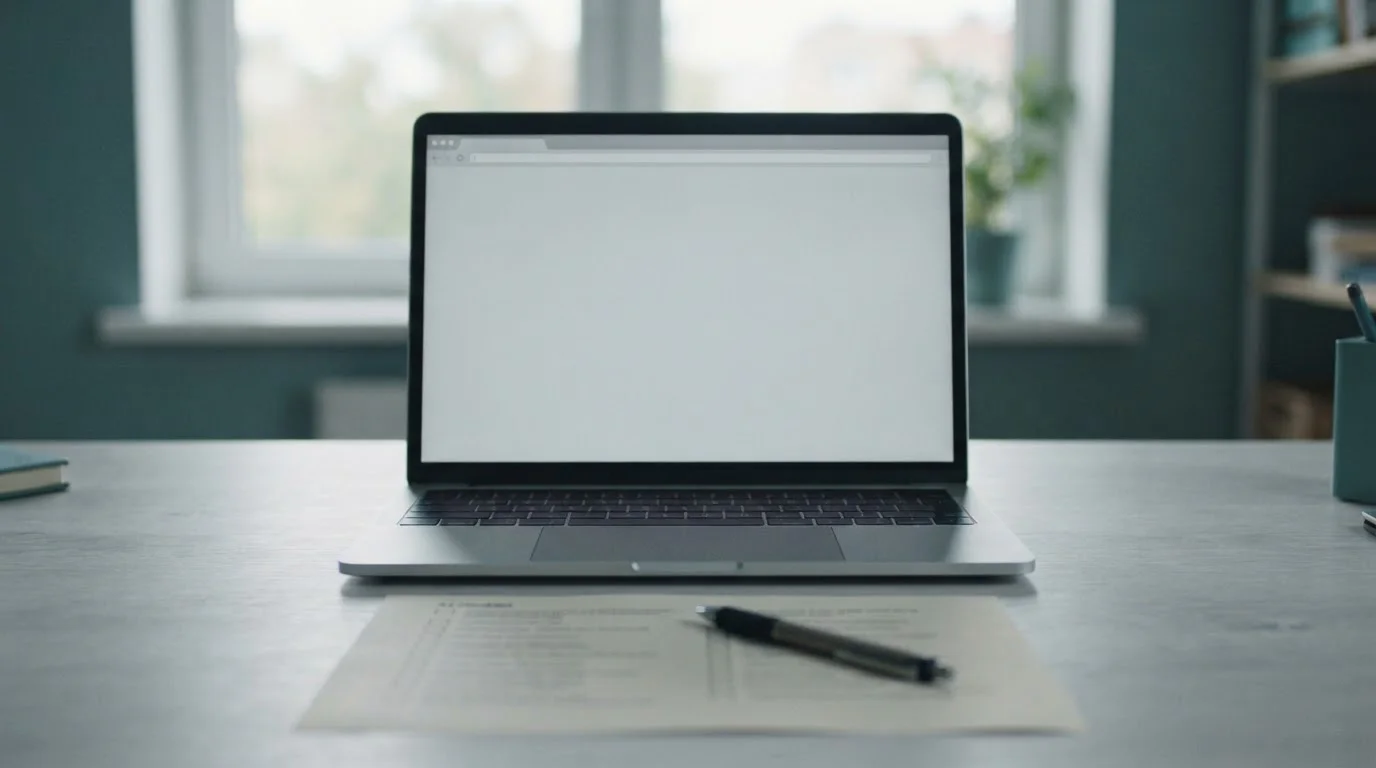 Laptop und Prüfliste zur Kontrolle der deutschen Erlaubnis eines Anbieters