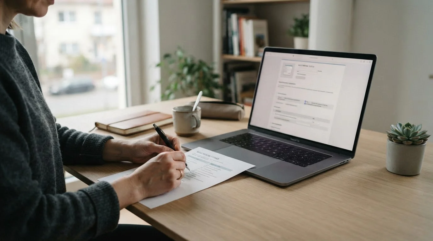 Hand einer erwachsenen Person hakt eine gedruckte Checkliste neben einem Laptop mit Anbieterübersicht ab